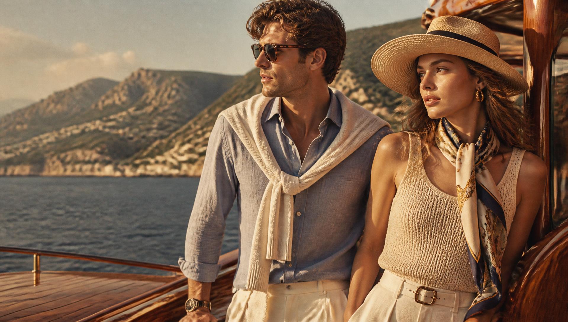 Man on a yacht along the Italian coast wearing linen and knitwear from the collection